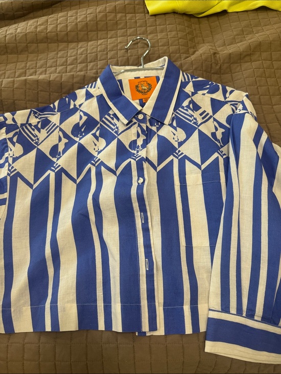 Coniglio Palm Beach Tops - Blue and Cream Geometric Button-Up Shirt by Coniglio of Palm Beach